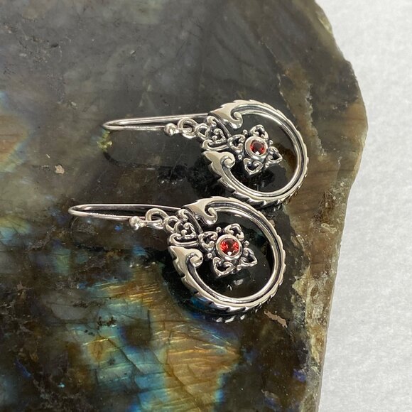 Sterling Silver 925 SX Thailand Garnet Scrollwork Dangle Drop Earrings - Picture 12 of 16